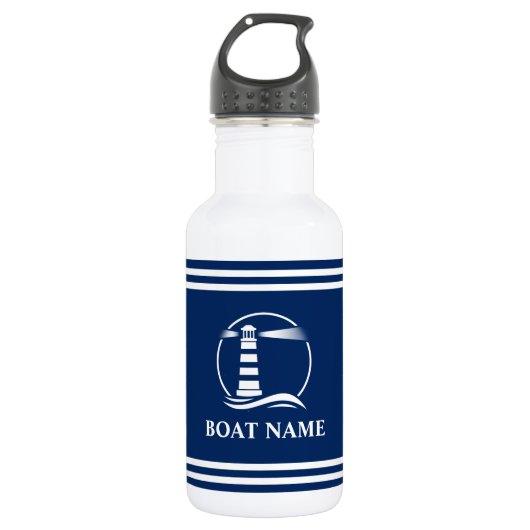 Uw bootnaam Nautical Lighthouse gestreept Waterfles (Voorkant)