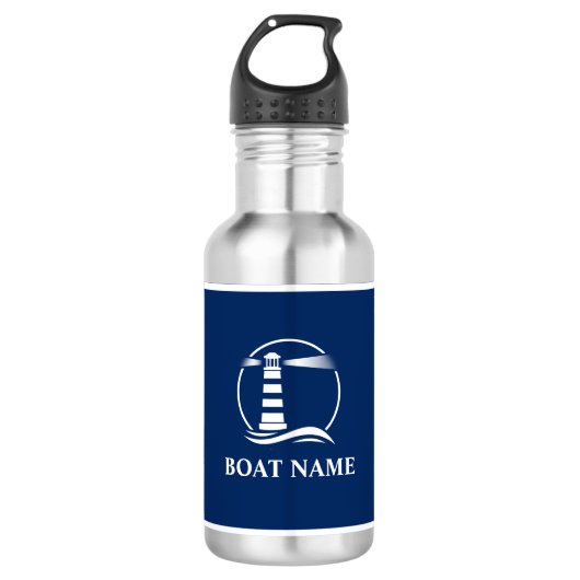Uw bootnaam Nautical Lighthouse White Stripes Waterfles (Voorkant)