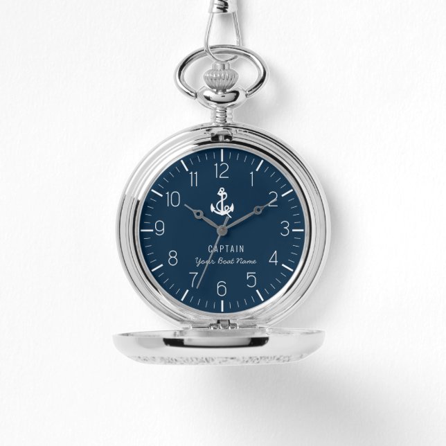 Uw bootnaam Nautical Navy Blue Anker Captain Horloge (Voorkant)