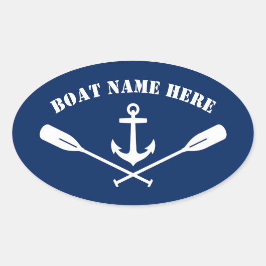 Uw Bootnaam Nautische Anker & Oars Classic Navy Ovale Sticker (Voorkant)