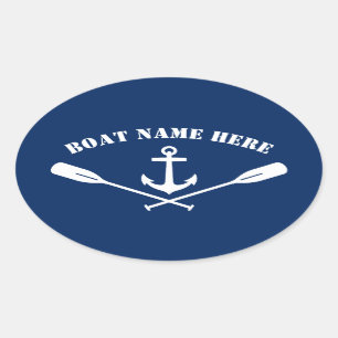 Uw Bootnaam Nautische Anker & Oars Classic Navy Ovale Sticker