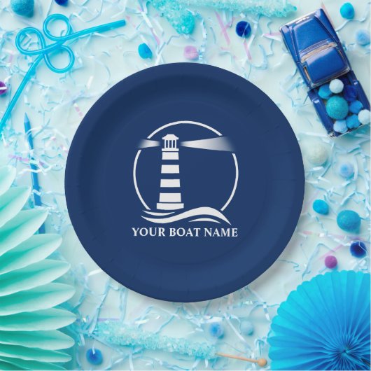 Uw Bootnaam of Tekst Lighthouse Navy Blue Papieren Bordje (Feest)