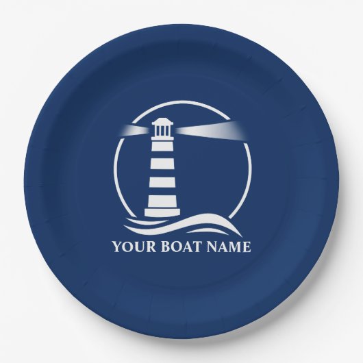 Uw Bootnaam of Tekst Lighthouse Navy Blue Papieren Bordje (Voorkant)