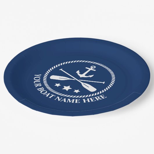 Uw bootnaam of tekstanker & roeiriemen marineblauw papieren bordje (Gekanteld)