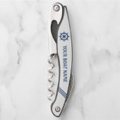 Uw bootnaam Scheepswiel Helm Blauw Wit Streep Kurkentrekker (Voorkant)