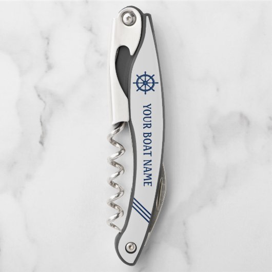 Uw bootnaam Scheepswiel Helm Blauw Wit Streep Kurkentrekker (Voorkant)