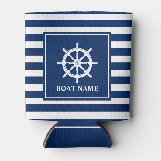 Uw bootnaam schepen stuurroer marine gestreept blikjeskoeler (Voorkant)