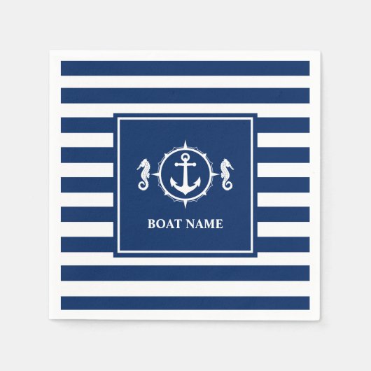 Uw Bootnaam Seahorse Anker Blauwe Strepen Servet (Voorkant)