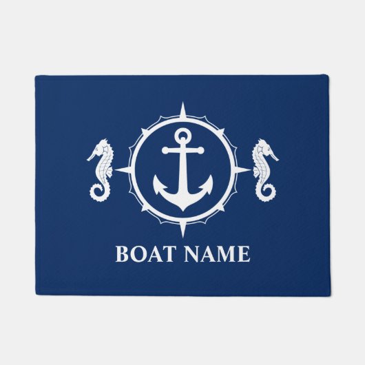 Uw bootnaam Seahorse Nautical Anchor Navy Blue Deurmat (Voorkant)