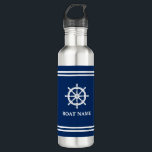 Uw bootnaam verscheept wiel helm witte strepen waterfles<br><div class="desc">Uw gepersonaliseerde naam,  bootnaam of tekst met een aangepaste Nautical Ships Wheel Helm op een Navy Blue Stripes Water Bottle.</div>