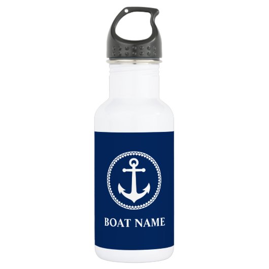 Uw Bootnaam Zee Anker Blauw Wit Waterfles (Voorkant)