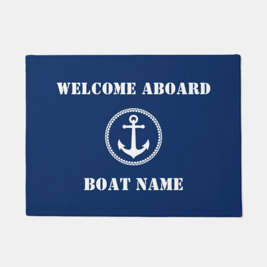 Uw Bootnaam Zee Anker Navy Blue Welkom aan boord Deurmat (Voorkant)
