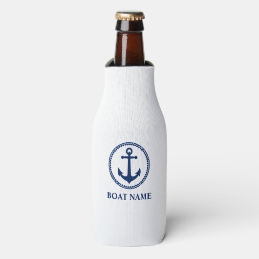 Uw Bootnaam Zee Anker Navy & White Flesjeskoeler (Fles Voorkant)