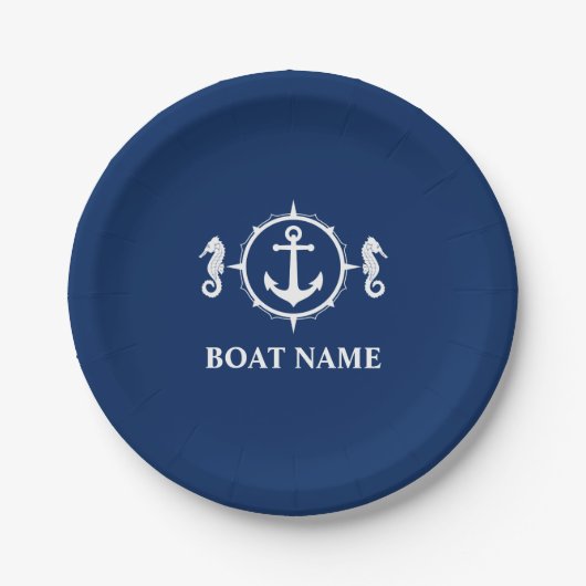 Uw Bootnaam Zeepaardanker Navy Blue 7" Papieren Bordje (Voorkant)