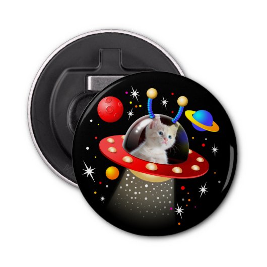 UW CAT-ruimtecat Kitten Sci-Fi op maat Button Flesopener (Voorkant)