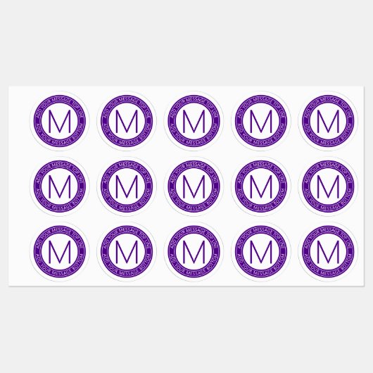 Uw cirkelvormige tekst & monogram | Paarse waterdi Labels (Vel)