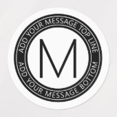Uw cirkelvormige tekst & monogram | Waterdicht B&W Labels (Design 2)