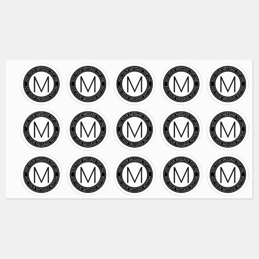 Uw cirkelvormige tekst & monogram | Waterdicht B&W Labels (Vel)