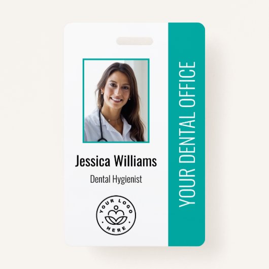 Uw Dentist Kantoor Logo Foto ID Blauwgroen Badge (Voorkant)