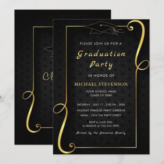 Uw Design Gold Black Afstudeerder Invitations Sjab (Voorkant / Achterkant)
