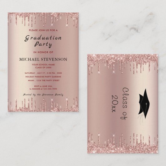Uw diploma-feest uitnodiging Roze Goud Glitter (Voorkant / Achterkant)