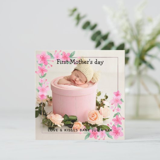 Uw Eerste Moederdag Bloem 2 Foto Collage Feestdagenkaart (Staand voorkant)