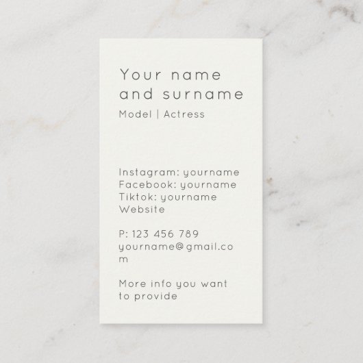Uw eigen fotomodel Actrice Visitekaartje (Achterkant)