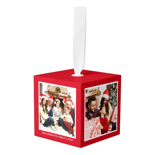 Uw familie 4 fotocollage rood decoratie (Voorkant hoekig)