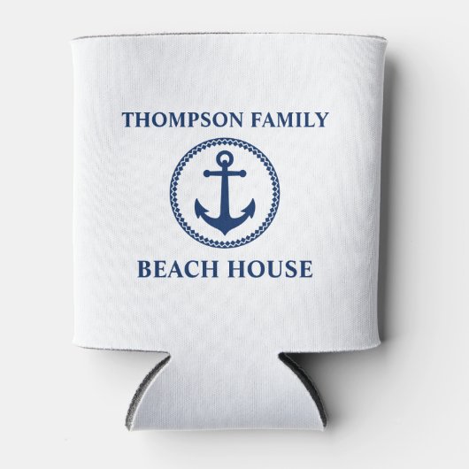 Uw familienaam Beach House Zee Anchor White Blue Blikjeskoeler (Voorkant)