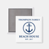 Uw familienaam Beach House Zee Anchor White Blue Magneet (Voorkant / Achterkant)