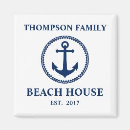 Uw familienaam Beach House Zee Anchor White Blue Magneet