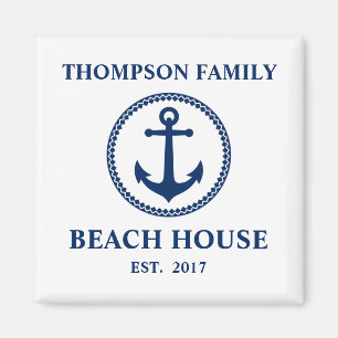 Uw familienaam Beach House Zee Anchor White Blue Magneet