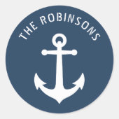 Uw familienaam of tekst  anker lichtblauw ronde sticker (Voorkant)