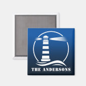 Uw familienaam of tekst Klassieke vuurtoren blauw Magneet (Voorkant / Achterkant)