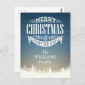 Uw familienaam vrolijk kerstfeest wintersneeuw scè briefkaart (Voorkant / Achterkant)