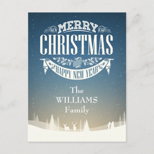 Uw familienaam vrolijk kerstfeest wintersneeuw scè briefkaart (Voorkant)
