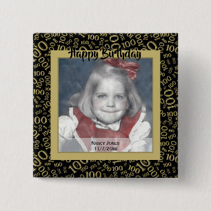 Uw foto 100e Willekeurig nummerpatroon Zwart/Goud Vierkante Button 5,1 Cm