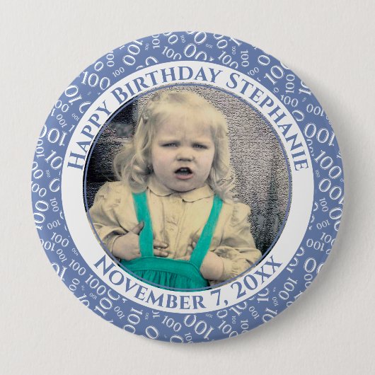 Uw foto 100th Birthday Number Pattern | Blauw Ronde Button 4,0 Cm (Voorkant)