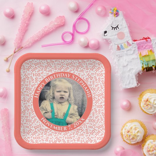 Uw foto 105 Willekeurig Getal Patroon Koraal/Wit Papieren Bordje (Feest)