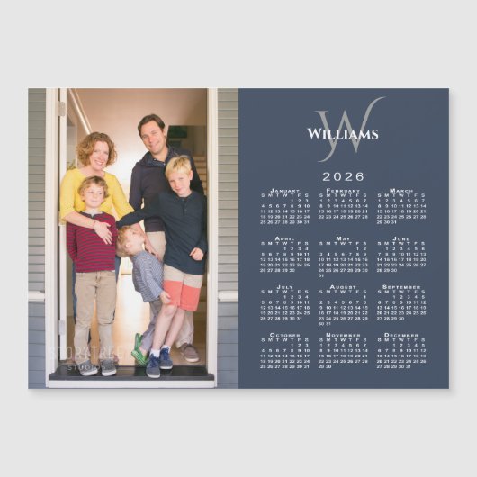 Uw foto 2026 Kalender Monogram Naam Navy Magnet (Voorkant)