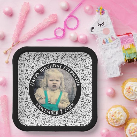 Uw foto 20 Willekeurig Getal Patroon Zwart/Wit Papieren Bordje (Feest)