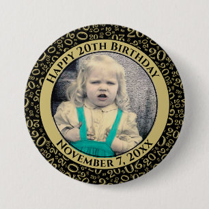 Uw foto 20e verjaardag Nummer Zwart/Goud Patroon Ronde Button 7,6 Cm