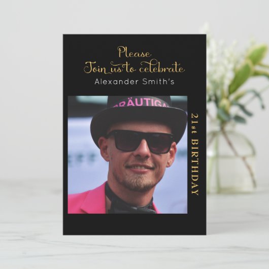 Uw foto 21st verjaardag zwart en goud kaart (Staand voorkant)