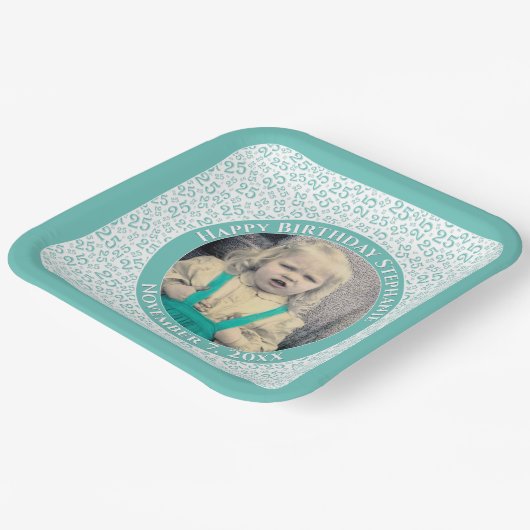 Uw foto 25 Willekeurig getallenpatroon Blauwgroen/ Papieren Bordje (Gebogen)