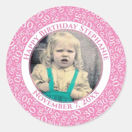 Uw foto 30th Birthday Number | Roze/wit 30 Ronde Sticker (Voorkant)