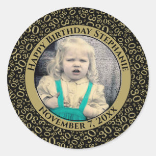 Uw foto 30th Birthday Number Zwart/goud 30 Ronde Sticker