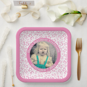 Uw foto 35 Willekeurig Getal Patroon Roze/Wit Papieren Bordje