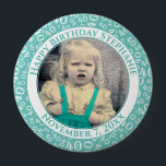 Uw foto 40th Birthday Number Pattern | BLAUWGROEN Ronde Button 4,0 Cm<br><div class="desc">Dit is een herdenkingsknop met je foto en tekst om je 40ste verjaardag te vieren. Er is een tekst sjabloon om het gemakkelijk te maken om het bericht en de datum te veranderen. Er is ook een fotomalplaatje om het gemakkelijk te maken om uw afbeelding toe te voegen. Dit blauwgroen-en-witte...</div>