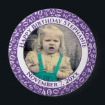 Uw foto 40th Birthday Number Pattern | PAARS Ronde Button 4,0 Cm<br><div class="desc">Dit is een herdenkingsknop met je foto en tekst om je 40ste verjaardag te vieren. Er is een tekst sjabloon om het gemakkelijk te maken om het bericht en de datum te veranderen. Er is ook een fotomalplaatje om het gemakkelijk te maken om uw afbeelding toe te voegen. Dit paars-en-witte...</div>