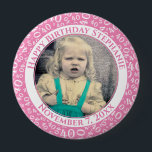 Uw foto 40th Birthday Number Pattern | Roze Ronde Button 4,0 Cm<br><div class="desc">Dit is een herdenkingsknop met je foto en tekst om je 40ste verjaardag te vieren. Er is een tekst sjabloon om het gemakkelijk te maken om het bericht en de datum te veranderen. Er is ook een fotomalplaatje om het gemakkelijk te maken om uw afbeelding toe te voegen. Dit roze-witte...</div>